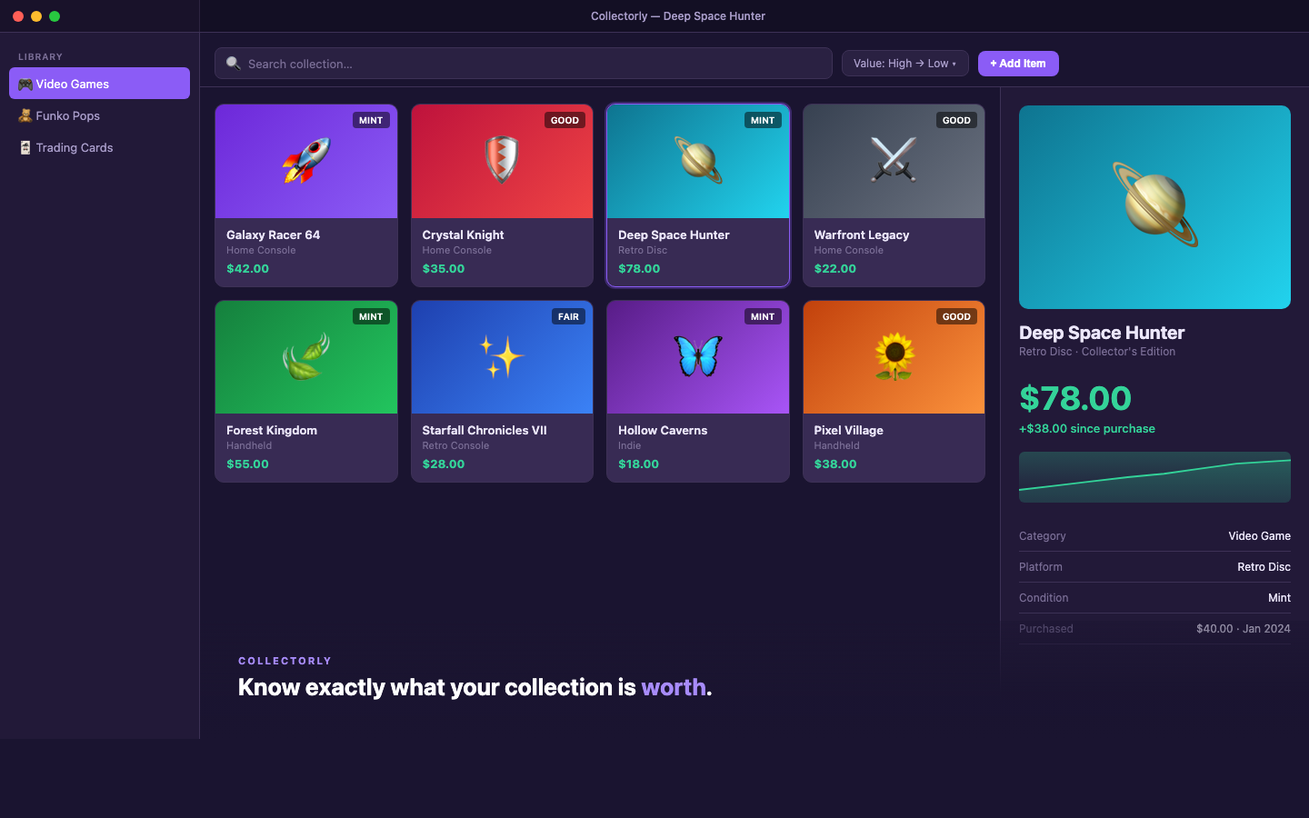 Collectorly app showing collection grid with item detail